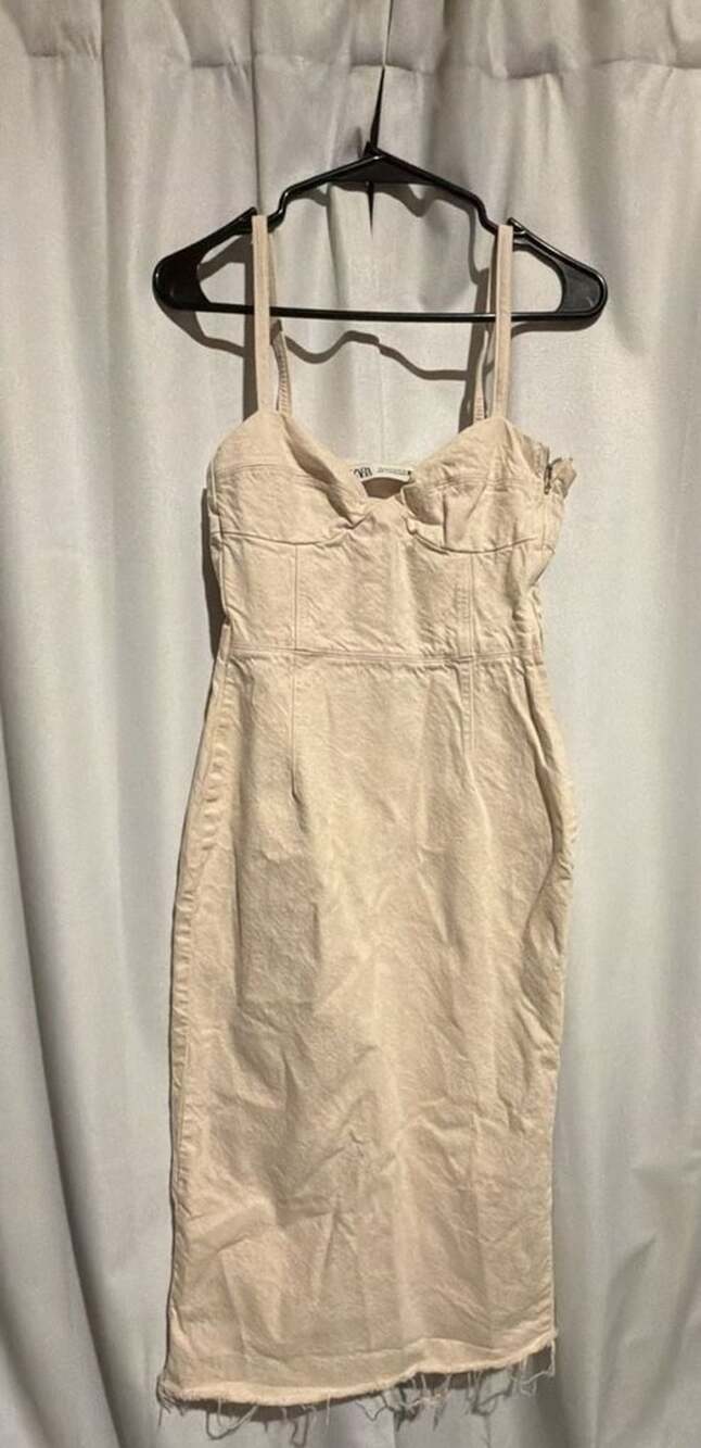 Zara Midi Dress Size S Beige Bustier Raw Hem Denim